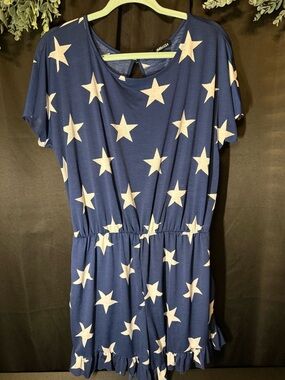 1X Blue Star Print Short Sleeve Romper
